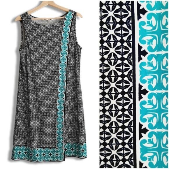 MAX STUDIO Geometric Blue Pattern Stretchy Faux Wrap Mini Dress Sz L - Picture 1 of 15